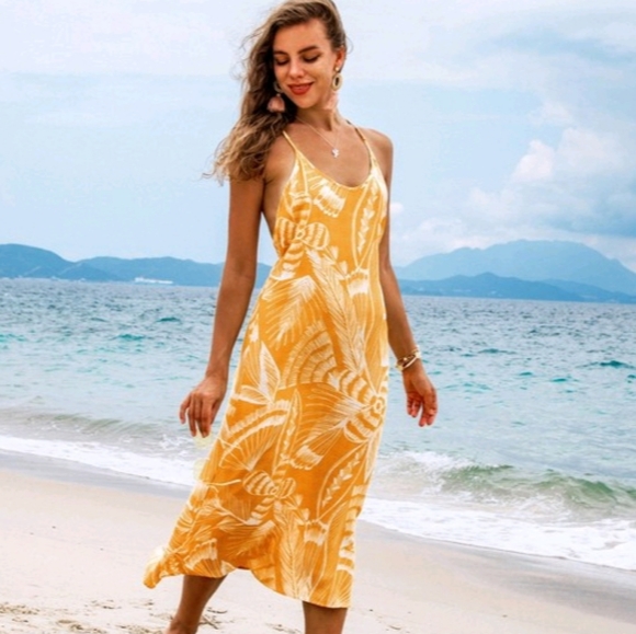 Women's Yellow Floral Crisscross Midi Slip Dress - Cupshe Size L New With Tags 8 - Picture 6 of 9